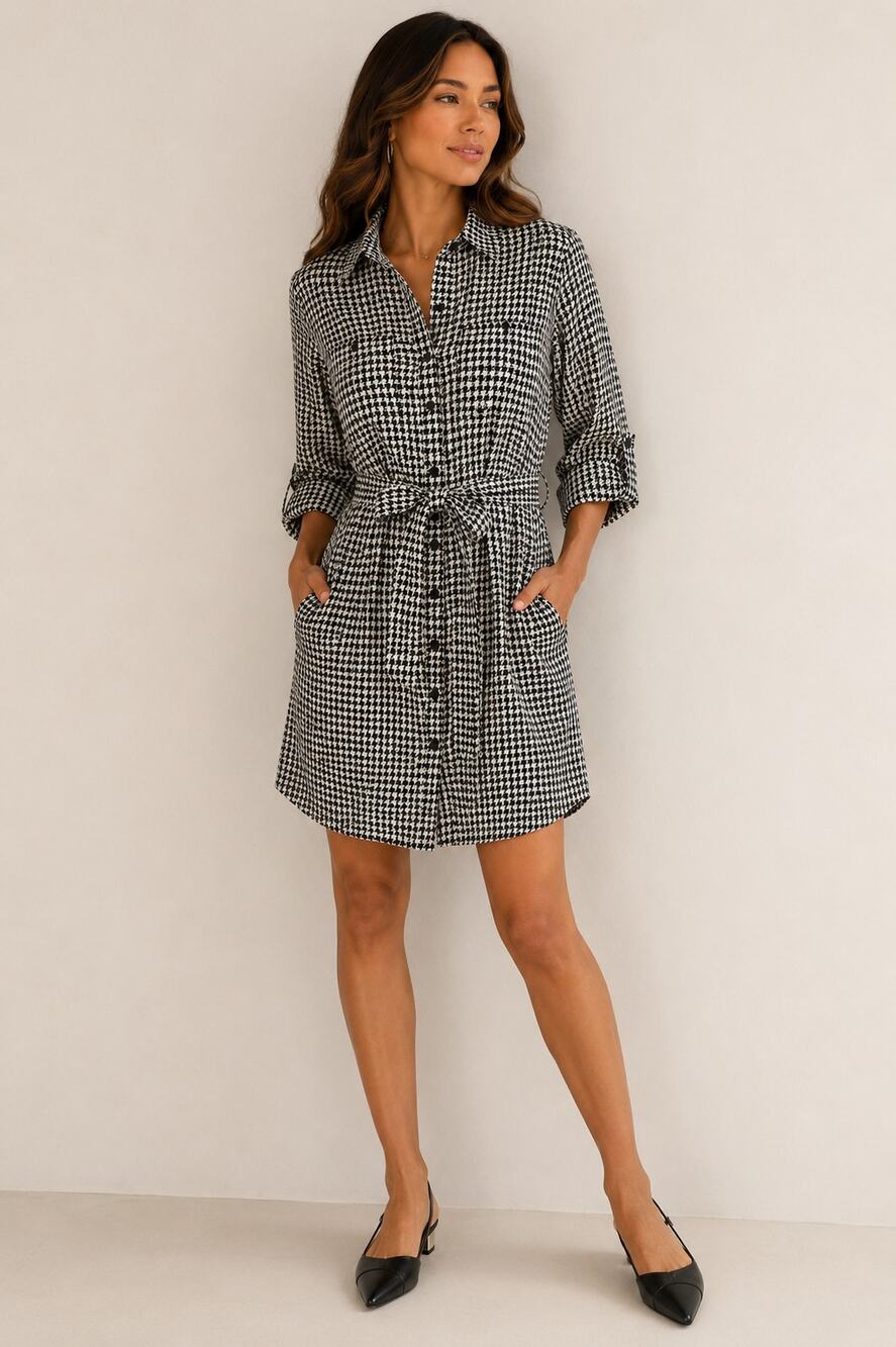 Velvet Heart Houndstooth Shirt Dress Gold Metallic Thread Tie Waist Medium
